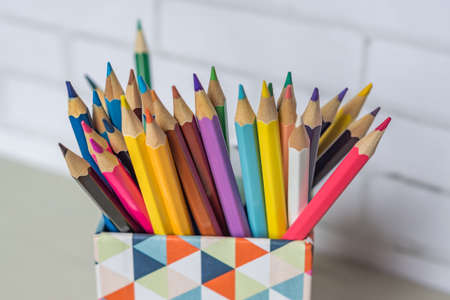 closeup of colorful pencils in pencil caseの写真素材