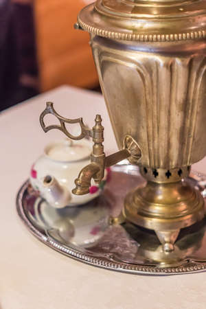 old russian samovar on tableの写真素材