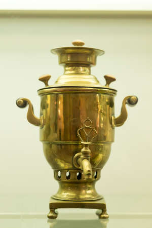 traditional russian samovar on shelfの写真素材