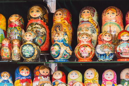 MOSCOW, RUSSIA - FEBRUARY 13, 2018: Colorful bright russian nesting dolls Matrioshka. Traditional russian souvenirのeditorial素材