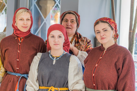 MOSCOW, FEBRUARY 13, 2018: Street actors in russian national clothes at Shrovetide (Pancake week) celebration in Moscow city center.のeditorial素材