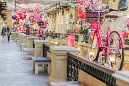 Moscow, Russia- February 13, 2018: Chinese new year interior decoration of central shopping mall GUMのeditorial素材