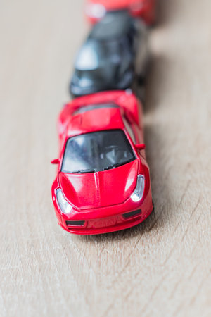 Moscow, Russia - February 17, 2018: colorful toy car collection on wooden table. selective focusのeditorial素材