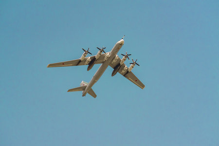 Moscow, Russia - May 04, 2018: Russian strategic bomber Tupolev Tu-95 during Victory Day parade...