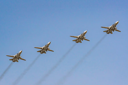 Moscow, Russia - May 04, 2018: Su-24M Fencer Bomber during Victory Day parade rehearsal