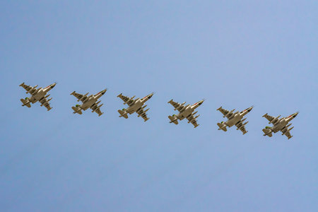 Moscow, Russia - May 04, 2018: Russian Air Force SU-25 aircraft during Victory Day parade rehearsal