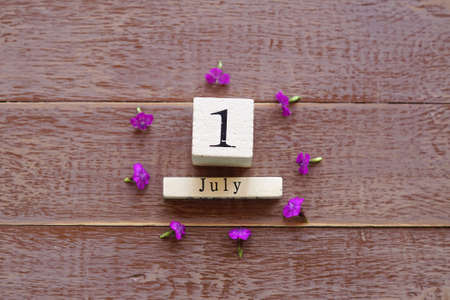 first day of July, colorful background with calendar and pink flowersの写真素材
