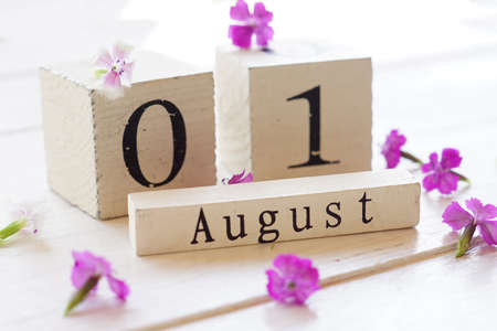 1 August, colorful background with cube wooden calendar and pink flowersの写真素材
