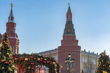 Arsenal angular tower of Moscow Kremlin and christmas decorations. Winter holidays in Russia