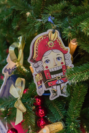Moscow, Russia - January 10, 2018: Soldier nutcracker decoration on christmas tree, new year...