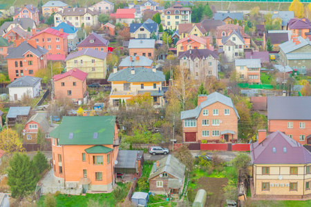 Khimki, Russia - Nowember 2, 2018: Areal view of a part of Khimki city with a plenty of buildings in neighborhood in autumn. Urban Landscapeのeditorial素材