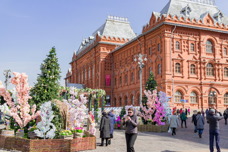 Moscow, Russia - April 5, 2018: Tourists on Manezhnaya Square during Easter Holidays Festivalのeditorial素材