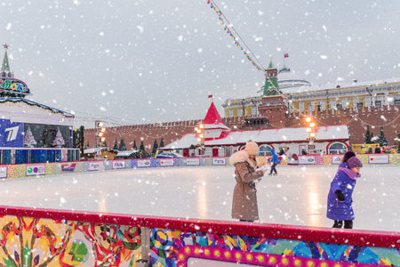 Moscow, Russia - December 20, 2018: People skating on Winter skating rink on Christmas Fair at the Red Squareのeditorial素材