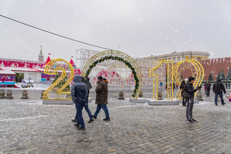 Moscow, Russia - December 20: Christmas decorations on Red Square in Moscow. 2019 led light...
