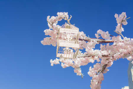 White decorative bird cage hanging on branch of blooming apple tree on sky background. Spring city decorationの写真素材
