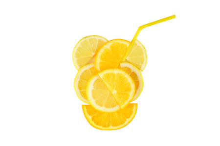 glass of citrus juice made of orange and lemon slices with cocktail straw isolated on white background.の写真素材