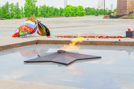 Moscow, Russia - May 16. 2018: Eternal Flame at Victory Park on Poklonnaya Hill in honor of Soviet soldiers who fell in Great Patriotic Warのeditorial素材