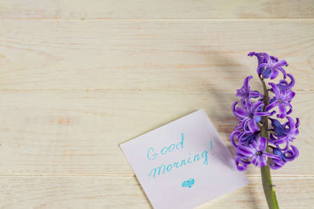 Good morning paper tag and purple hyacinth flower on wooden tableの写真素材
