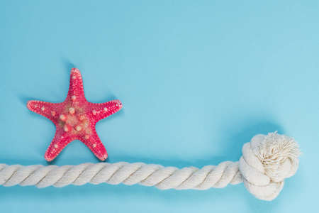 Red starfish and knot rope on light blue background with copy space. summer holiday and vacation conceptの写真素材
