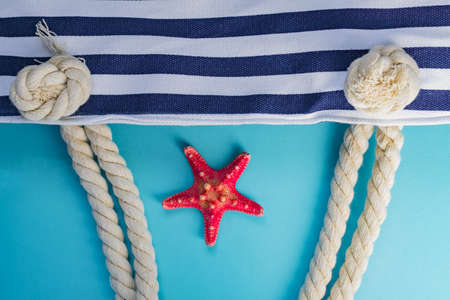 Sea shells, starfish and textile stiped navy bag with rope knots on light blue background. summer holiday and vacation conceptの写真素材