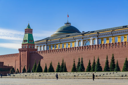 Moscow, Russia - March 03, 2019: Kremlin Moscow Dome of Senate behind red wallのeditorial素材