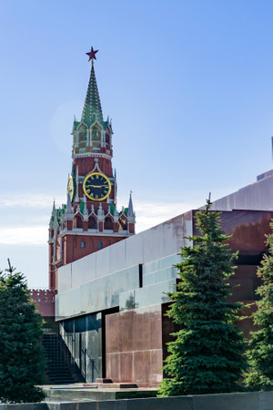 Spasskaya tower and Lenin's Mausoleum, iconic resting place of Vladimir Lenin on Red Square