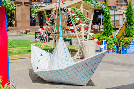 MOSCOW, RUSSIA - MAY 30, 2019: Tourists walking on Revolution Square during fish week festival pavillions.のeditorial素材