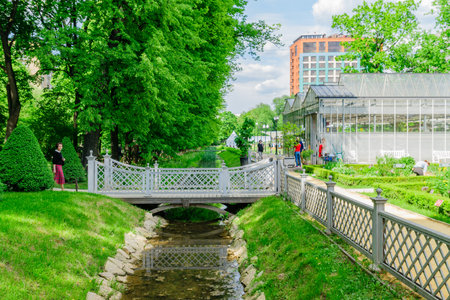 Moscow, Russia - May 22, 2019: People walking in botanical garden "Aptekarsky Ogorod" in a sunny spring day.のeditorial素材