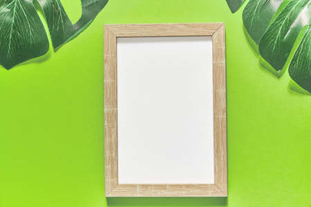 Photo frame and green monstera leaves on green background. Trendy tropical flat lay concept.