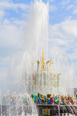 MOSCOW, RUSSIA - August 20, 2019: Fountain Stone Flower at VDNH park in Moscow against blue sky at sunny summer dayのeditorial素材