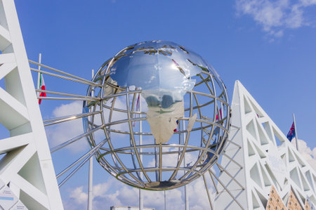 Sochi Adler, Russia - September 7, 2019: View to Decorative globe near the wall of Olympic Champions in Olympic Park in Sochiのeditorial素材