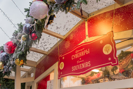 Moscow, Russia - December 18, 2019: Street Christmas Fair. Window shop with Souvenirs from France. Journey to Christmas Festival.のeditorial素材