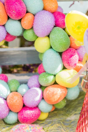 easter door wreath close up. Fesctive door eoration for easter holidays