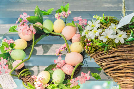 easter door wreath close up. Fesctive door eoration for easter holidays