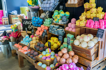 MOSCOW, RUSSIA - APRIL 24, 2018: Lush cosmetics store in Moscow. Fresh handmade cosmetics with colorful bubble bath and bombsのeditorial素材