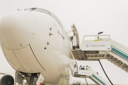 ZHUKOVSKY, MOSCOW REGION, RUSSIA - AUGUST 31, 2019: ladder to the Airbus A350 passenger plane