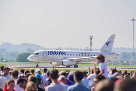 ZHUKOVSKY, MOSCOW REGION, RUSSIA - AUGUST 31, 2019: Supejet 100 on a runway at the airpot Zhukovskiy in Moscow Regionのeditorial素材