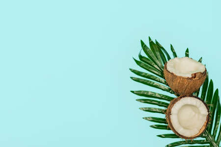 Halves of fresh raw coconut on blue backgound.