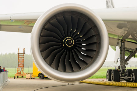 ZHUKOVSKY, MOSCOW REGION, RUSSIA - AUGUST 31, 2019: Airbus A350 Rolls-Royce Trent XWB engine