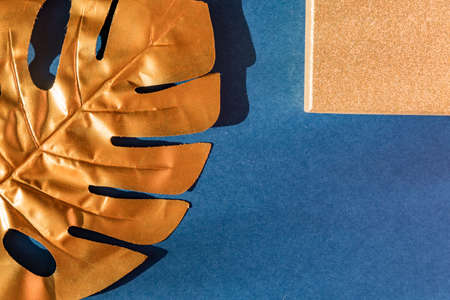 Fashionable luxuary blue background with gold monstera leaf. Copy space for textの写真素材