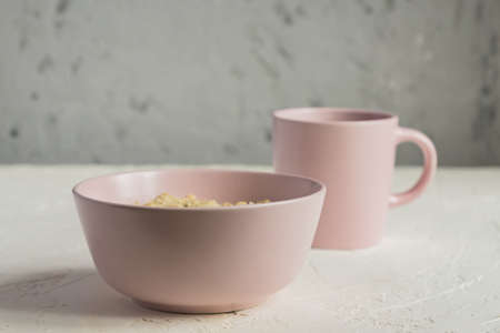 Morning otmeal for brackfast and cup of teaa. Copy space for text.