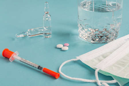 Virus Pandemic treatment. Medicines and protective masks. Coronavirus 2019, nCoV.の写真素材