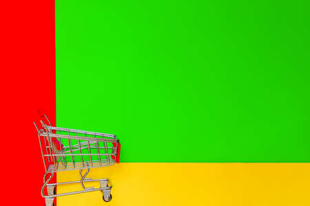Top view of empty shopping trolley on colorful bright background. Concept of shopping and...