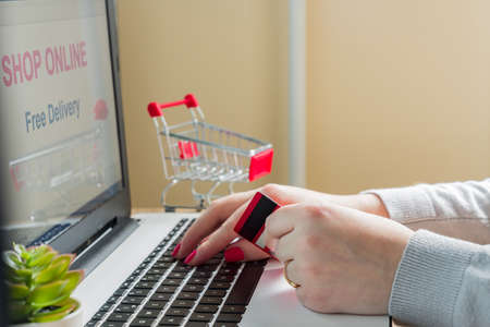 Shop online on Laptop Screen. Free delivery. E-commerce concept. Caucasian woman shop online from her home using bank card for payment.の写真素材