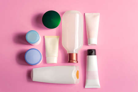 Cosmetics SPA branding mock-up, top view on pink background, place your design
