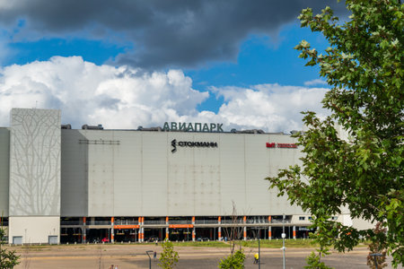 MOSCOW, RUSSIA -July 31, 2020: Aviapark shoppng mall. View form the Khodynskoy pole park. THe lagest shapping mall in Europeのeditorial素材