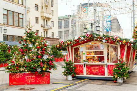 Moscow, Russia - December 18, 2019: Holiday festive decorations of Kuznetsky Most in Moscow near the Universal Central Department Store TSUM.のeditorial素材