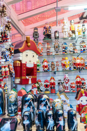 MOSCOW, RUSSIA - December 18, 2019: Set of chritmas wooden nutcrackers on the shelf. traditional...