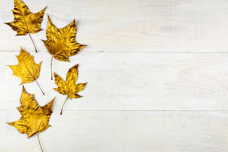 Autumn bouquet of golden painted maple leaves on wooden background. Trendy concept. Flay lay in...