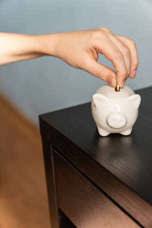 Child's hand putting a coin into a piggy bank. Earnings, saving and finance conceptの写真素材